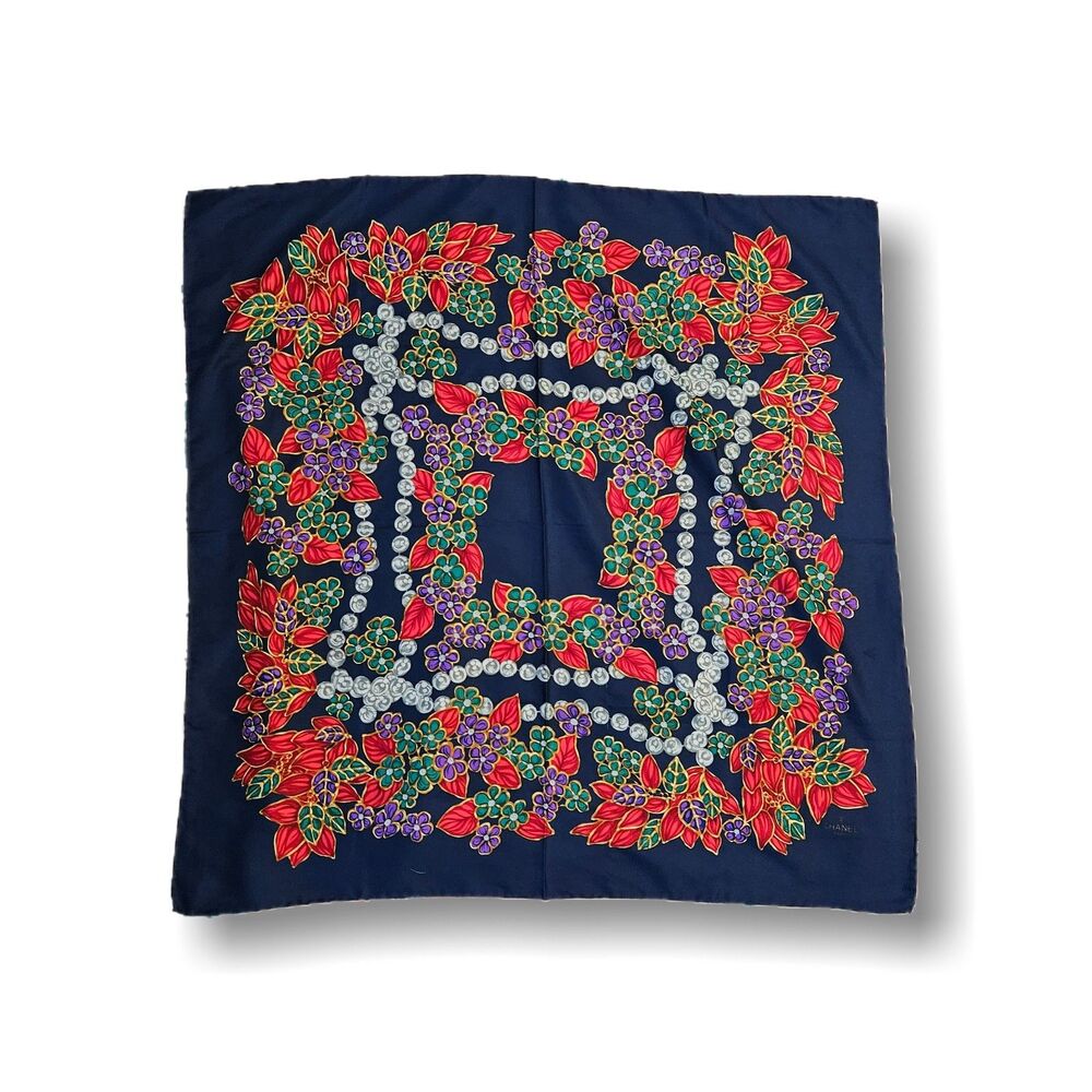Chanel (Authentic) Multicolor Jewel Floral Print Large Silk Scarf w/ Tag VGUC - Picture 2 of 8